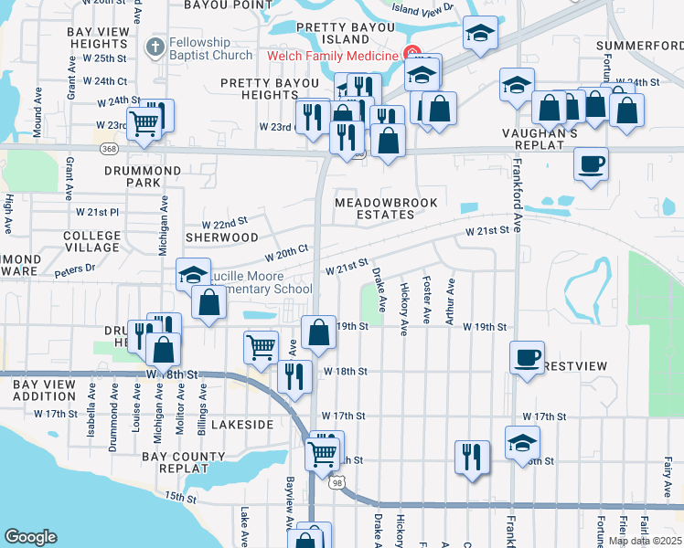 map of restaurants, bars, coffee shops, grocery stores, and more near 1915 Wilmont Avenue in Panama City