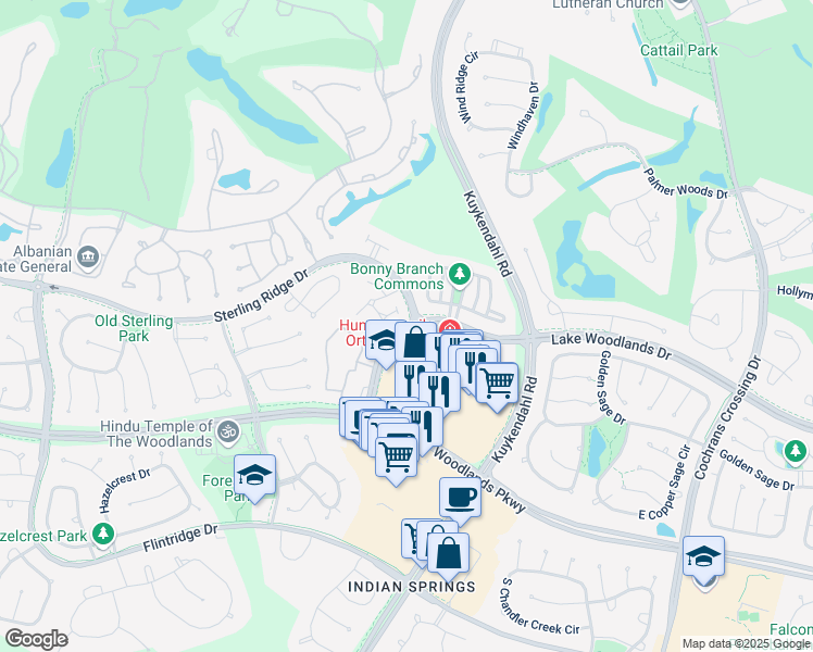 map of restaurants, bars, coffee shops, grocery stores, and more near 6816 Lake Woodlands Drive in Spring