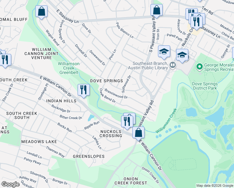 map of restaurants, bars, coffee shops, grocery stores, and more near 4710 Brassiewood Drive in Austin