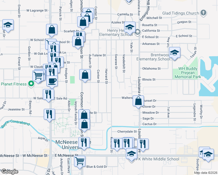 map of restaurants, bars, coffee shops, grocery stores, and more near 4011 Harvard Street in Lake Charles