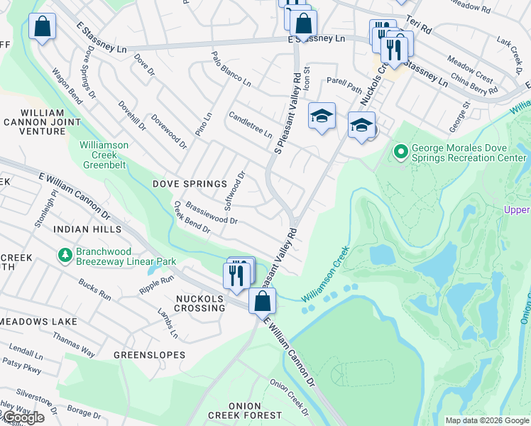 map of restaurants, bars, coffee shops, grocery stores, and more near 5103 Nesting Way in Austin
