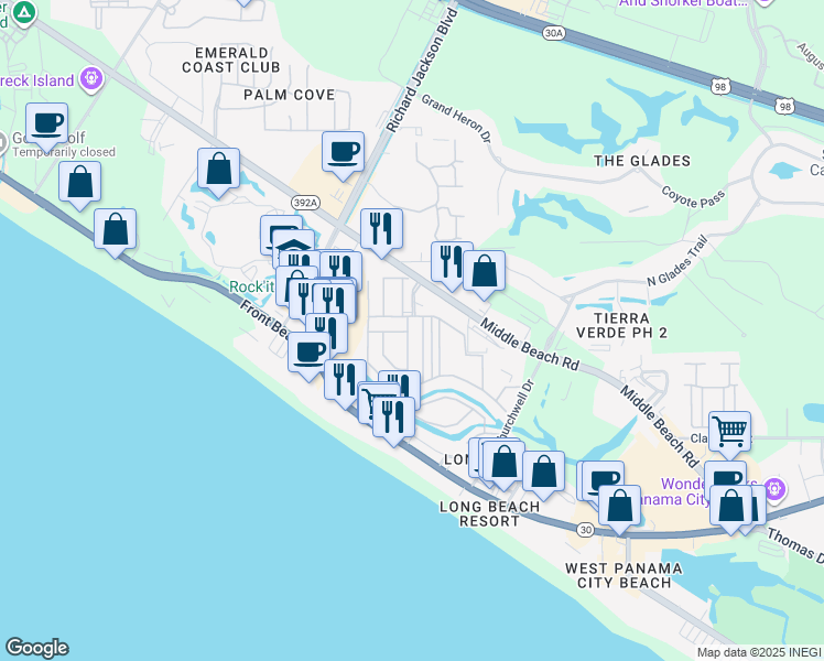 map of restaurants, bars, coffee shops, grocery stores, and more near 150 West Leslie Lane in Panama City Beach