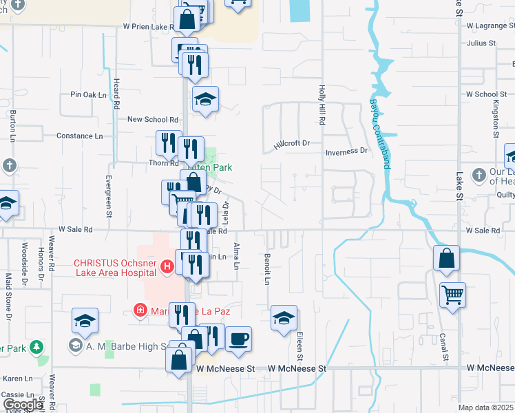 map of restaurants, bars, coffee shops, grocery stores, and more near 4002 Stephen Drive in Lake Charles