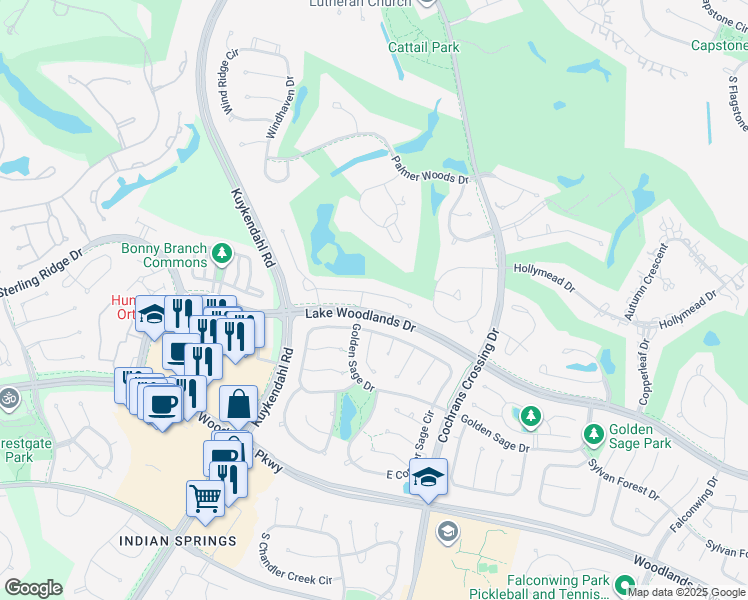 map of restaurants, bars, coffee shops, grocery stores, and more near 35 East Palmer Bend in Spring