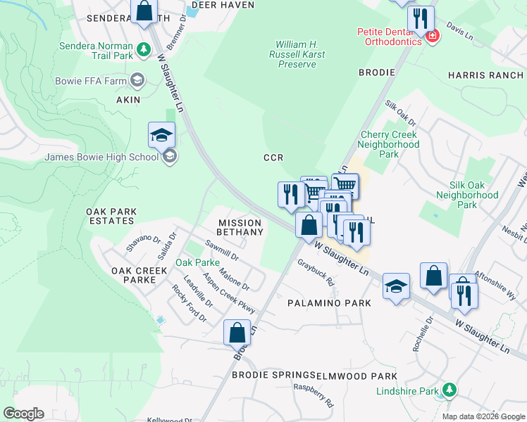 map of restaurants, bars, coffee shops, grocery stores, and more near 3620 West Slaughter Lane in Austin