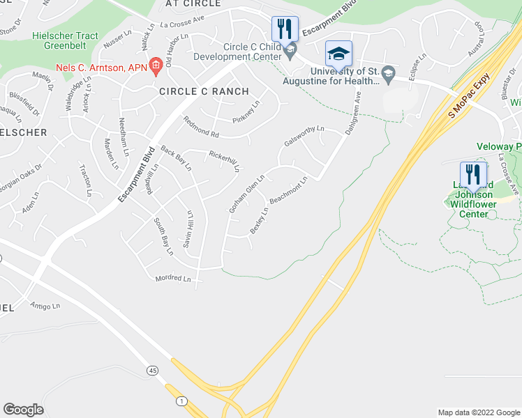 map of restaurants, bars, coffee shops, grocery stores, and more near 11012 Savannah Court in Austin