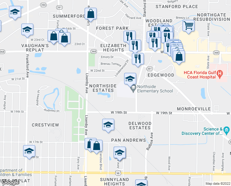 map of restaurants, bars, coffee shops, grocery stores, and more near 1218 Stephen Drive in Panama City
