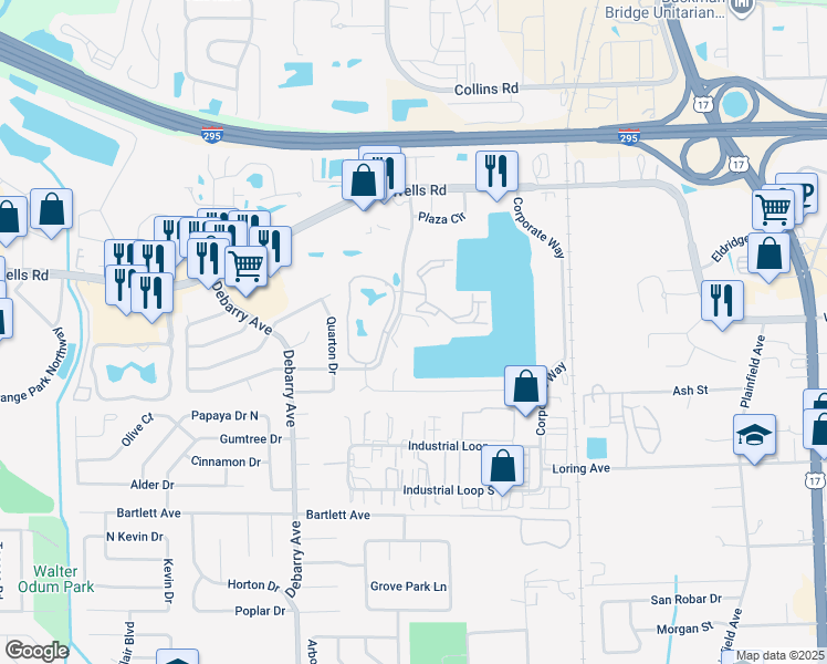 map of restaurants, bars, coffee shops, grocery stores, and more near 355 Crossing Boulevard in Orange Park