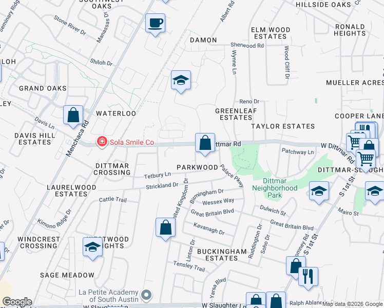 map of restaurants, bars, coffee shops, grocery stores, and more near 8408 Hindon Lane in Austin