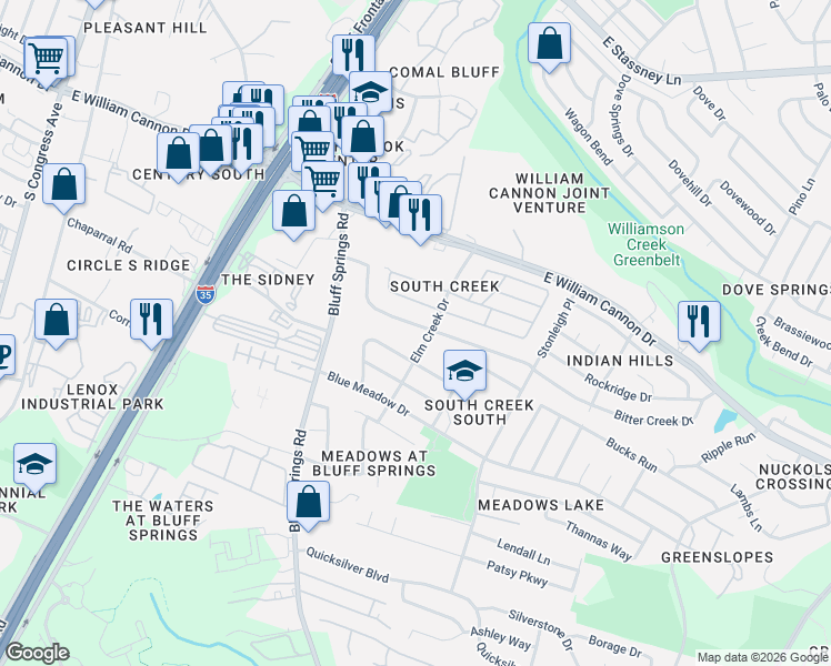 map of restaurants, bars, coffee shops, grocery stores, and more near 2000 Deer Run Drive in Austin