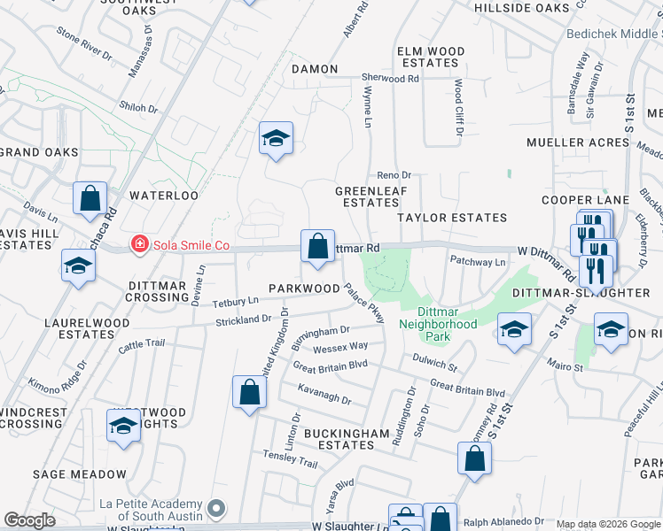 map of restaurants, bars, coffee shops, grocery stores, and more near 8218 Palace Parkway in Austin
