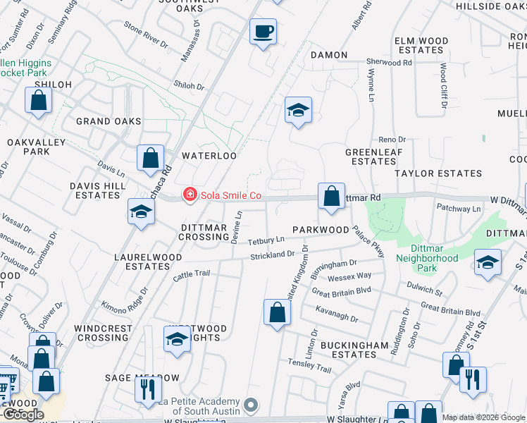 map of restaurants, bars, coffee shops, grocery stores, and more near 8513 Dempsey Lane in Austin