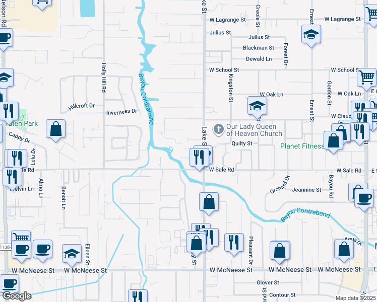 map of restaurants, bars, coffee shops, grocery stores, and more near 908 Garden Ln in Lake Charles