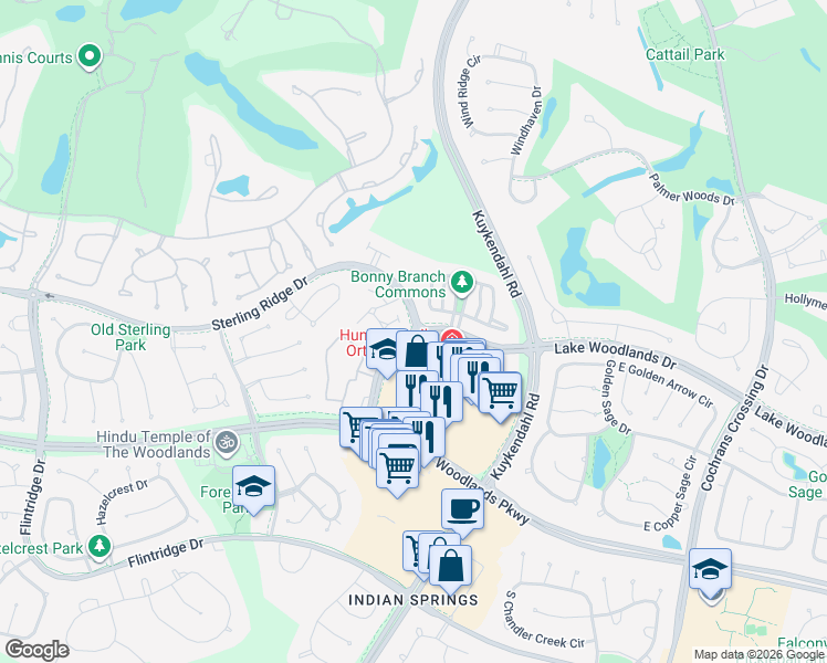 map of restaurants, bars, coffee shops, grocery stores, and more near 6804 Lake Woodlands Drive in Spring