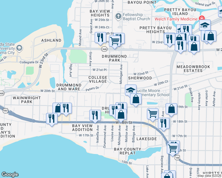 map of restaurants, bars, coffee shops, grocery stores, and more near 3724 Burnham Way in Panama City