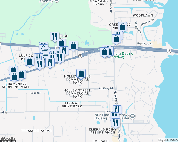 map of restaurants, bars, coffee shops, grocery stores, and more near 7501 Holley Lane in Panama City Beach