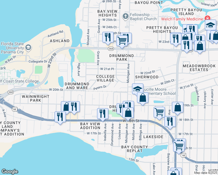 map of restaurants, bars, coffee shops, grocery stores, and more near 3921 Peters Drive in Panama City