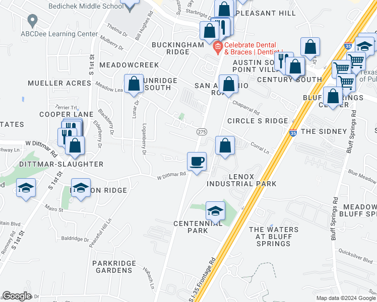 map of restaurants, bars, coffee shops, grocery stores, and more near 7440 South Congress Avenue in Austin