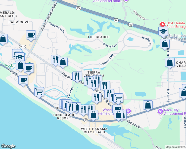 map of restaurants, bars, coffee shops, grocery stores, and more near 206 Tierra Verde Lane in Panama City Beach