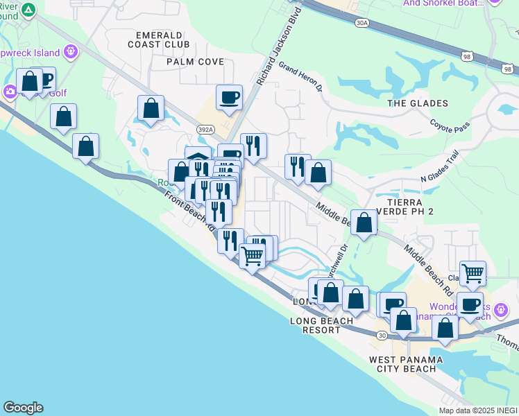 map of restaurants, bars, coffee shops, grocery stores, and more near 150 Abbie Lane in Panama City Beach