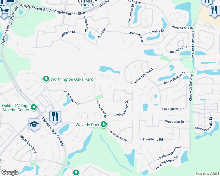map of restaurants, bars, coffee shops, grocery stores, and more near 2863 Pebblewood Lane in Orange Park
