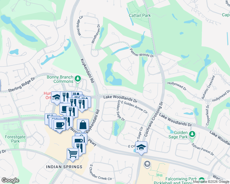 map of restaurants, bars, coffee shops, grocery stores, and more near 55 West Palmer Bend in Spring