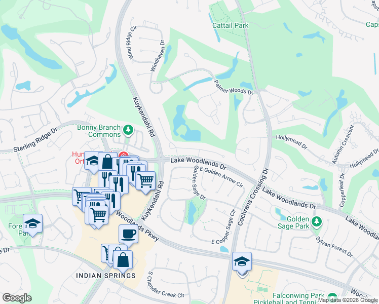 map of restaurants, bars, coffee shops, grocery stores, and more near 55 West Palmer Bend in Spring
