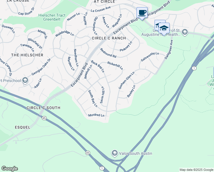 map of restaurants, bars, coffee shops, grocery stores, and more near 5921 Back Bay Lane in Austin
