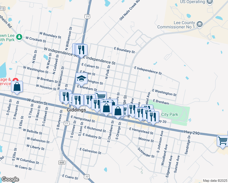 map of restaurants, bars, coffee shops, grocery stores, and more near 382 North Harris Street in Giddings