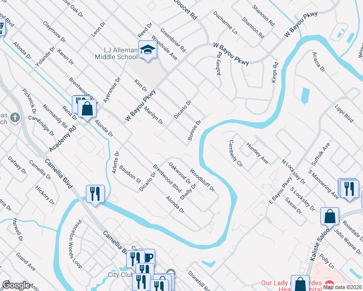 map of restaurants, bars, coffee shops, grocery stores, and more near 103 Woodbluff Dr in Lafayette