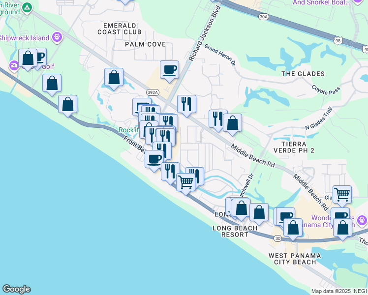 map of restaurants, bars, coffee shops, grocery stores, and more near 150 Abbie Lane in Panama City Beach