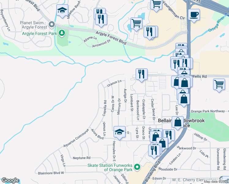 map of restaurants, bars, coffee shops, grocery stores, and more near 318 Canis Drive West in Orange Park
