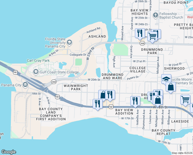 map of restaurants, bars, coffee shops, grocery stores, and more near 4424 West 20th Street in Panama City