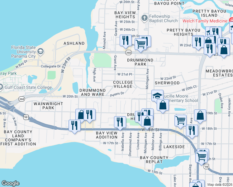 map of restaurants, bars, coffee shops, grocery stores, and more near 3946 Peters Drive in Panama City