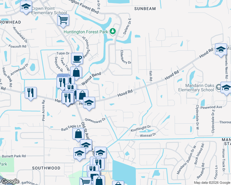 map of restaurants, bars, coffee shops, grocery stores, and more near 4516 Hood Road in Jacksonville
