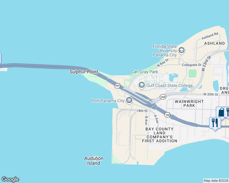 map of restaurants, bars, coffee shops, grocery stores, and more near 5505 Sun Harbor Road in Panama City