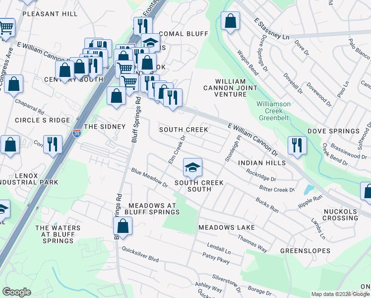 map of restaurants, bars, coffee shops, grocery stores, and more near 2013 Bitter Creek Drive in Austin