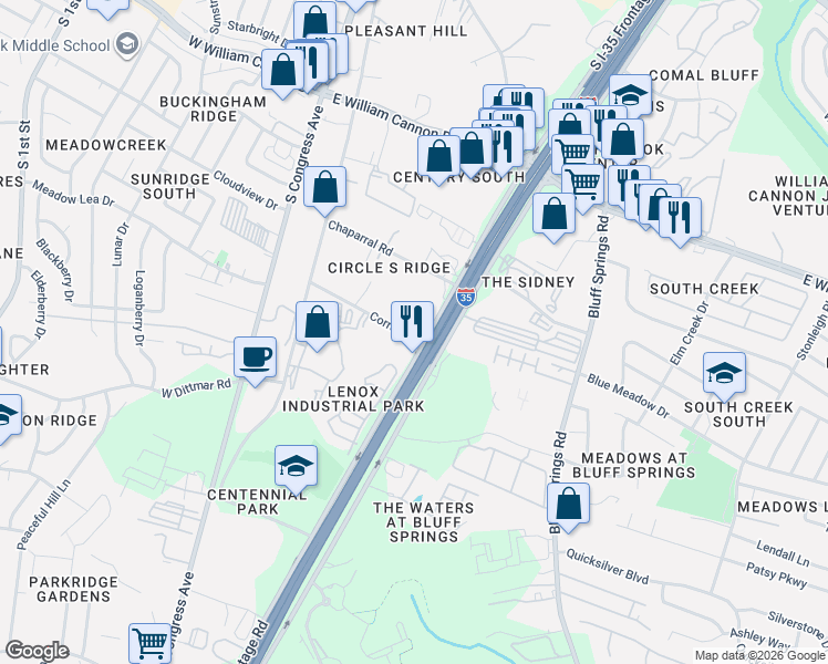 map of restaurants, bars, coffee shops, grocery stores, and more near 7300 South Interstate 35 Frontage Road in Austin