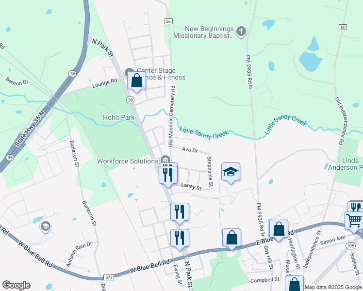 map of restaurants, bars, coffee shops, grocery stores, and more near 202 Ava Drive in Brenham