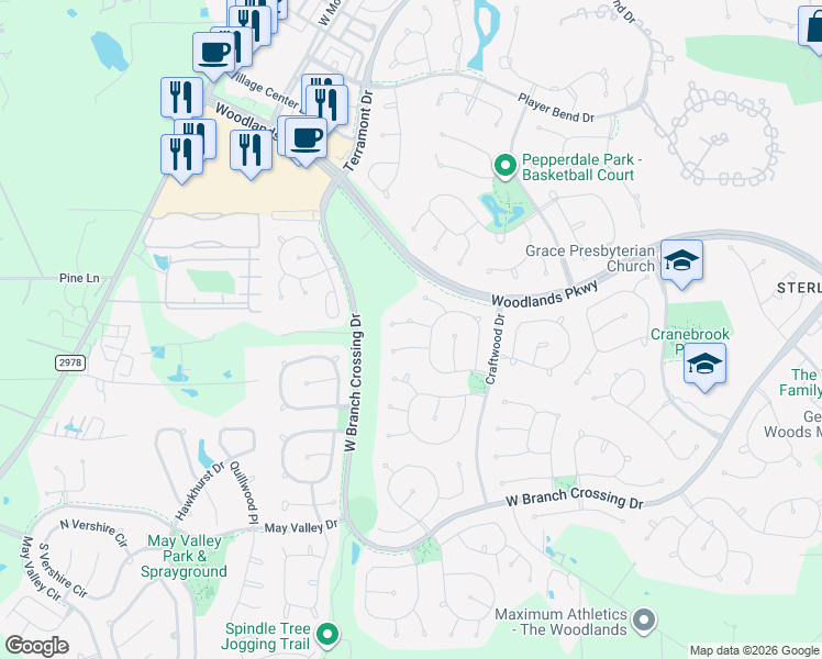 map of restaurants, bars, coffee shops, grocery stores, and more near 15 Sheltered Arbor Court in Spring