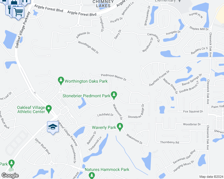 map of restaurants, bars, coffee shops, grocery stores, and more near 552 Wakemont Drive in Orange Park