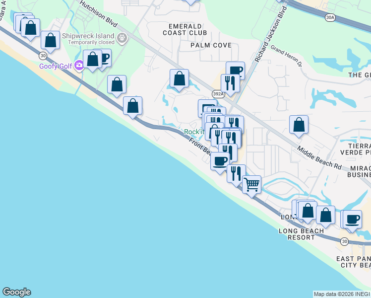 map of restaurants, bars, coffee shops, grocery stores, and more near 11483 Front Beach Road in Panama City Beach