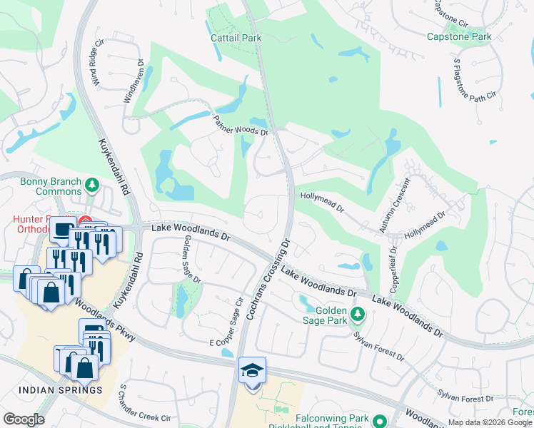 map of restaurants, bars, coffee shops, grocery stores, and more near 99 South Castlegreen Circle in Spring