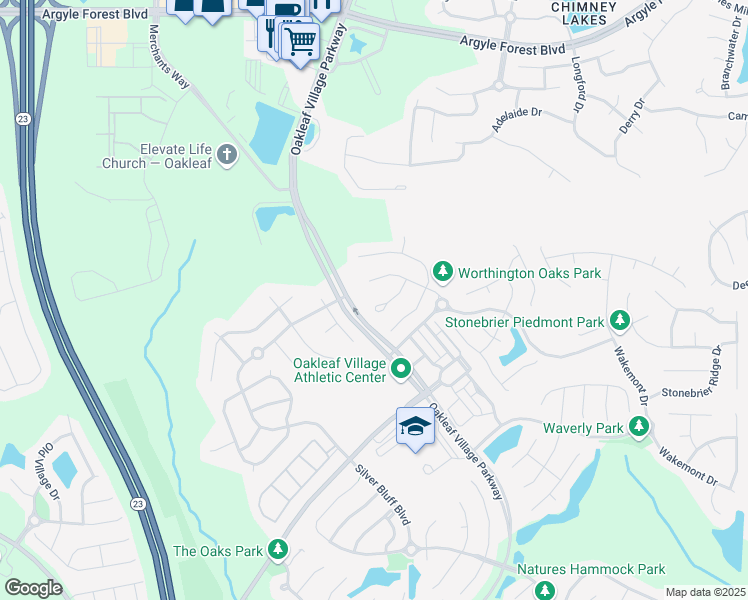 map of restaurants, bars, coffee shops, grocery stores, and more near 566 Acornridge Lane in Orange Park