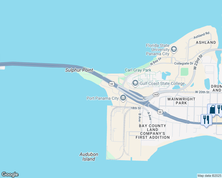 map of restaurants, bars, coffee shops, grocery stores, and more near 5505 Sun Harbor Road in Panama City