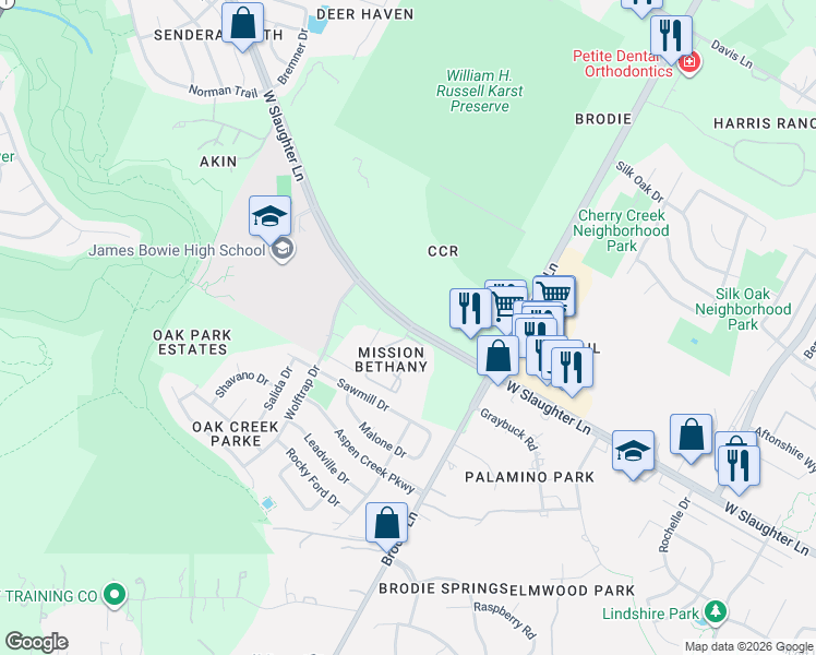 map of restaurants, bars, coffee shops, grocery stores, and more near 3615 West Slaughter Lane in Austin