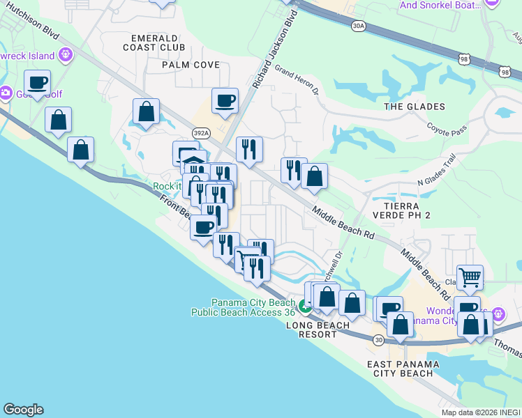 map of restaurants, bars, coffee shops, grocery stores, and more near 150 West Leslie Lane in Panama City Beach