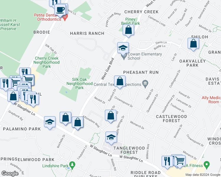 map of restaurants, bars, coffee shops, grocery stores, and more near 9321 Notches Drive in Austin