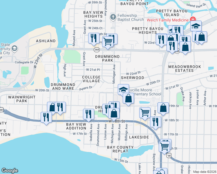 map of restaurants, bars, coffee shops, grocery stores, and more near 3730 Burnham Way in Panama City