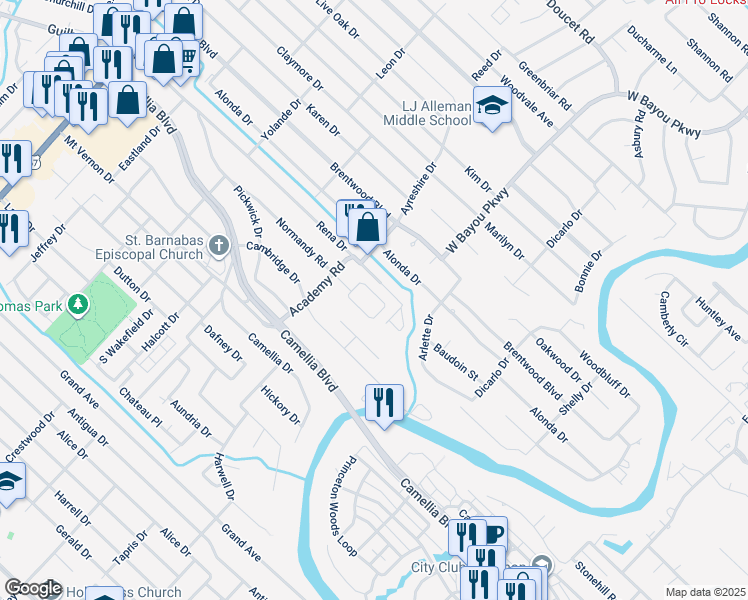 map of restaurants, bars, coffee shops, grocery stores, and more near 439 Normandy Road in Lafayette